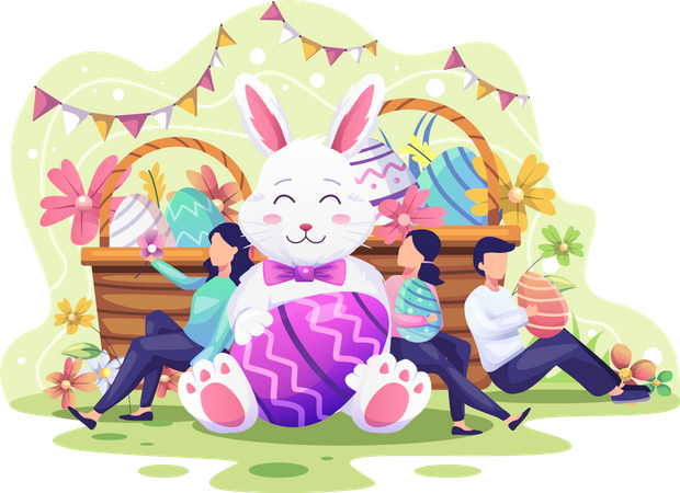 Happy people celebrate Easter day with a bunny Illustration