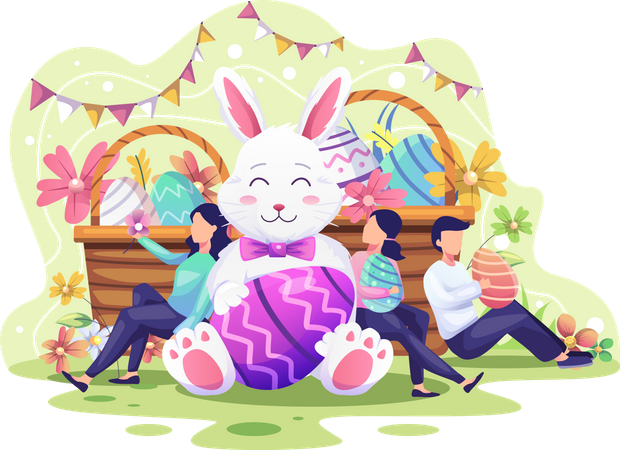 Happy people celebrate Easter day with a bunny  Illustration