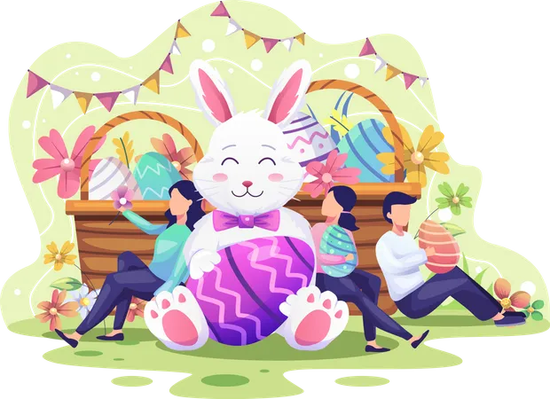 Happy people celebrate Easter day with a bunny  Illustration