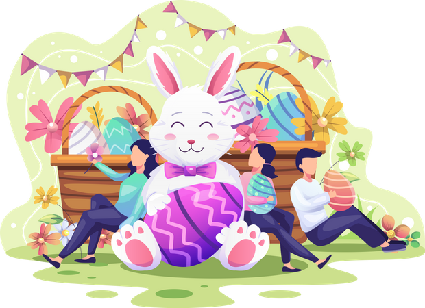 Happy people celebrate Easter day with a bunny  Illustration