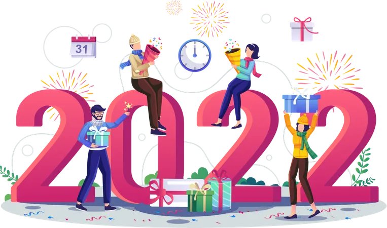 Happy People Celebrate New Year 2022 Characters With Giant Numbers Gift Boxes And Fireworks Vector Illustration Illustration