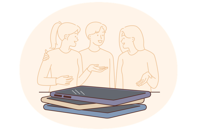 Happy people chatting by putting phones aside attending quiz party with questions  Illustration