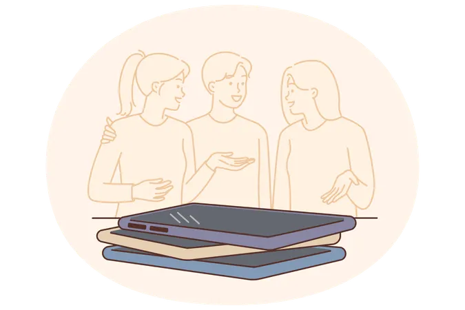 Happy people chatting by putting phones aside attending quiz party with questions  Illustration