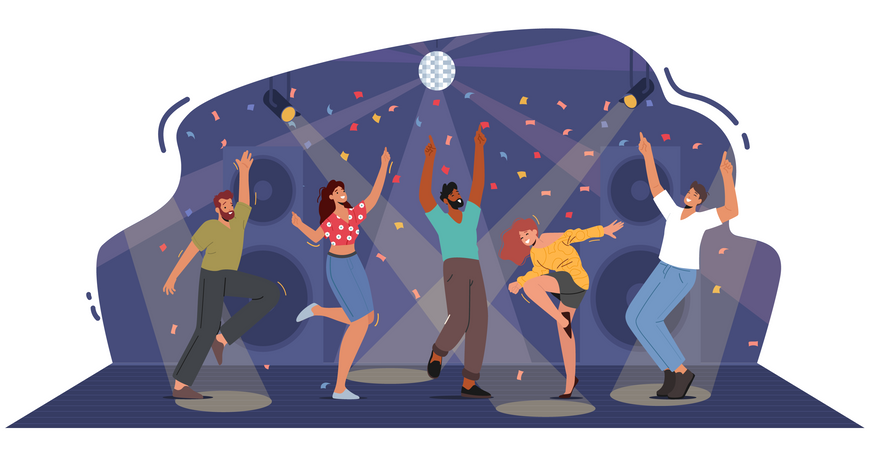 Happy People Dancing Disco at Night Club Floor Illustration