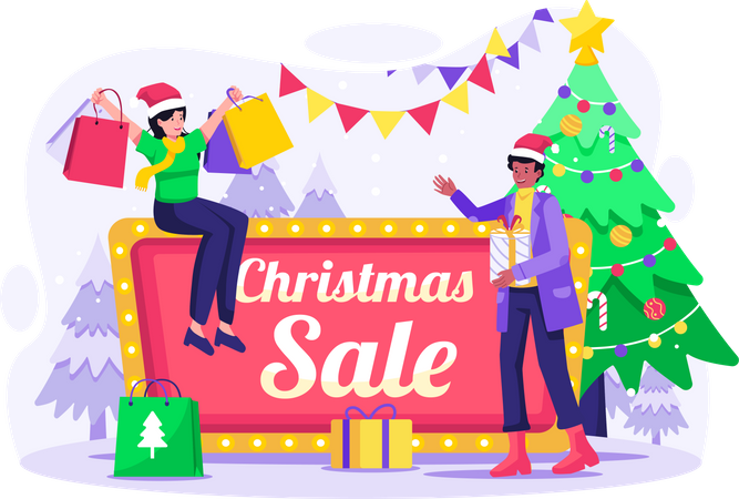 Happy people doing shopping at Christmas Sale  Illustration