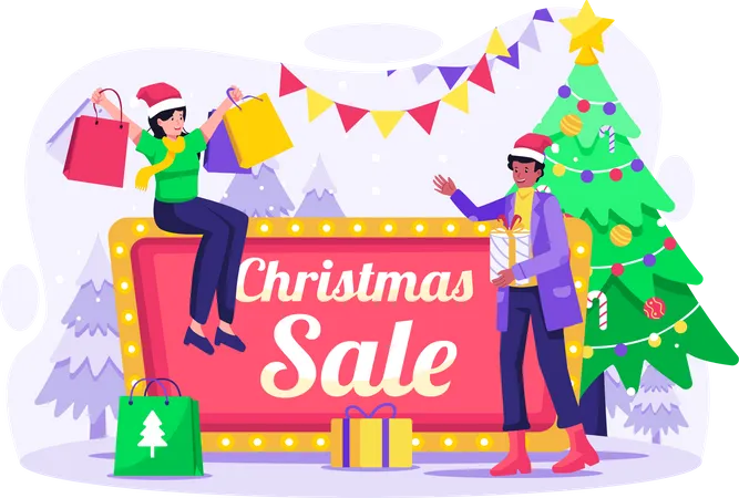 Christmas Sale Banner And Shopping Concept Illustration With Happy People Doing Shopping At Christmas Sale Vector Illustration In Flat Style Illustration