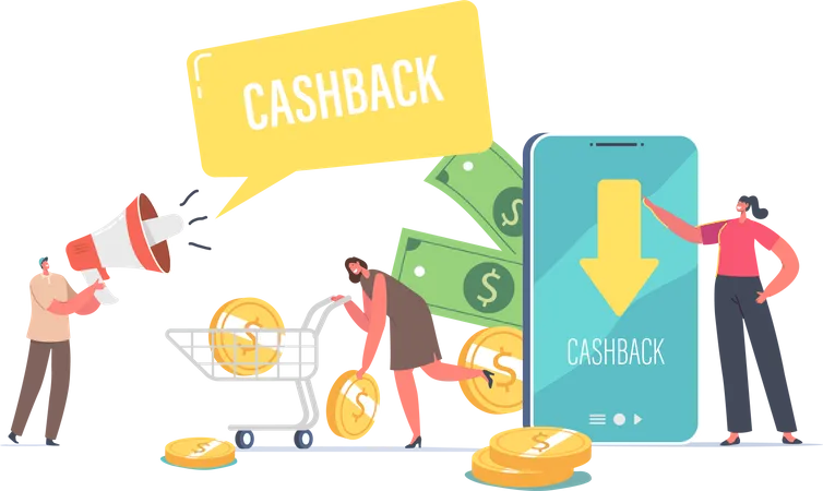 Male And Female Characters Use Cashback Application Online Virtual Cash Back Service Concept Happy People Getting Money Refund For Shopping And Purchasing In Store Cartoon Vector Illustration Illustration