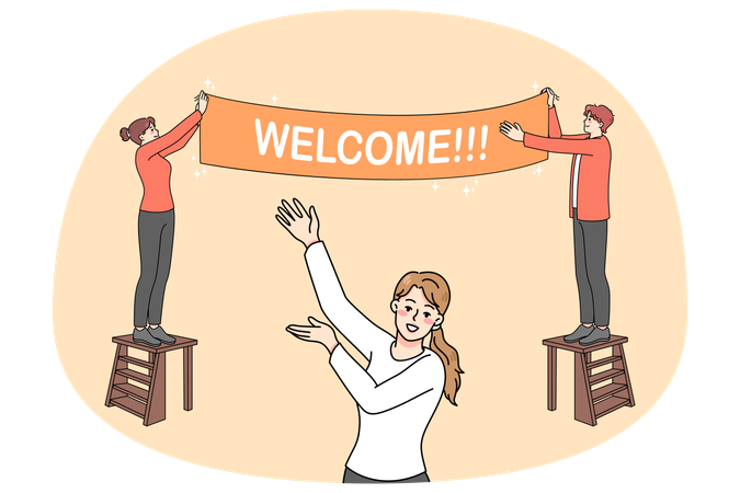 Happy people hanging welcome banner  Illustration