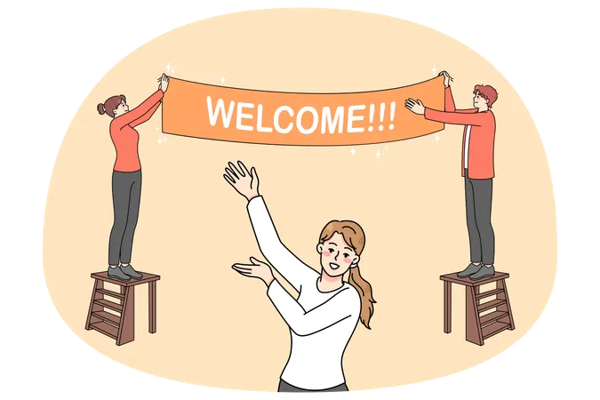 Happy people hanging welcome banner  Illustration