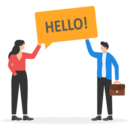 Happy people holding speech bubble with text hello  Illustration