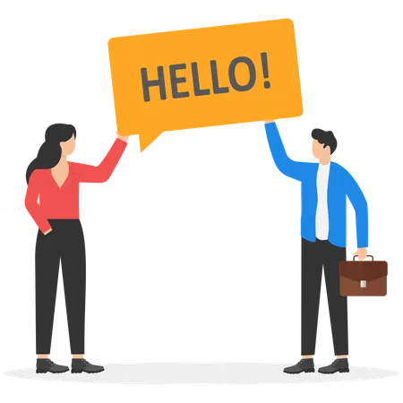 Happy people holding speech bubble with text hello  Illustration