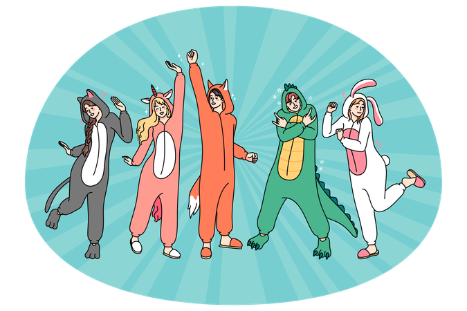 Happy people in animal costumes dancing  Illustration