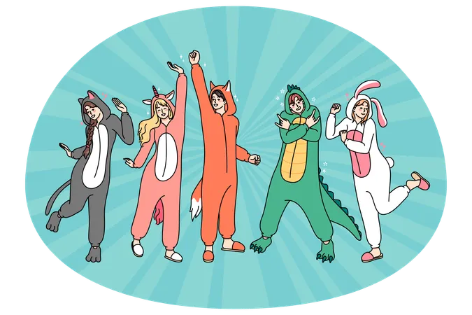 Happy people in animal costumes dancing  Illustration
