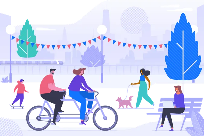 Happy People In Park Flat Vector Illustration Smiling Adults And Kid Cartoon Characters Outdoor Activities Teen Boy Riding Skateboard Couple On Tandem Woman Walking Dog Girl Working With Laptop Illustration