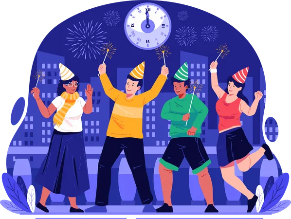 A Group Of Happy People Is Setting Off Fireworks To Celebrate New Years Eve Happy New Year Concept Illustration Illustration