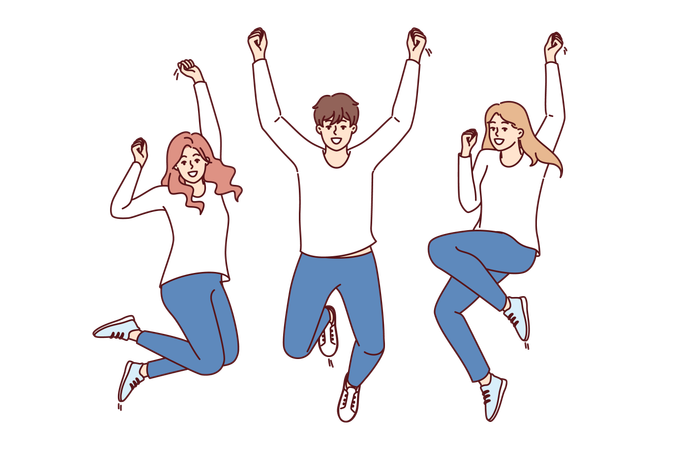 Happy people jump with joy and raise hands in victory  Illustration