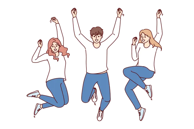 Happy People Jump For Joy And Raise Hands In Victory Rejoicing At Success In Career Or Education Cheerful Man And Women In Casual Clothes Jumping And Smiling At Same Time Looking At Screen Illustration