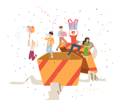 Happy people jumping out of big gift box  Illustration