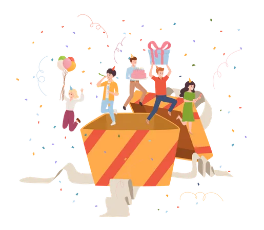 Happy people jumping out of big gift box  Illustration