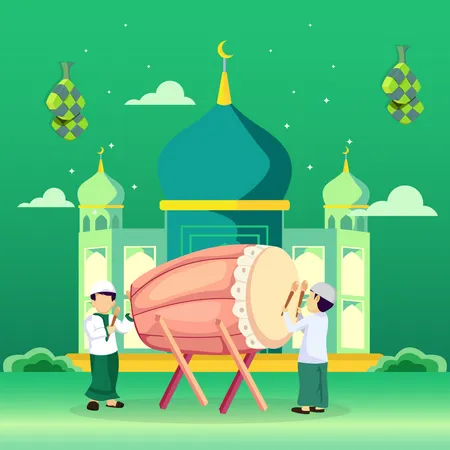 Happy People Muslim Celebrate Ramadan Kareem With Bedug Or Drum Vector Illustration Illustration