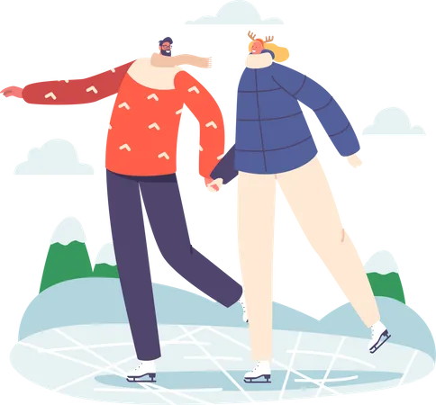 Couple Christmas Holidays Spare Time Amusement Happy People Performing Outdoor Leisure Activities At Winter Park Male And Female Characters Figure Skating On Frozen Pond Cartoon Vector Illustration Illustration