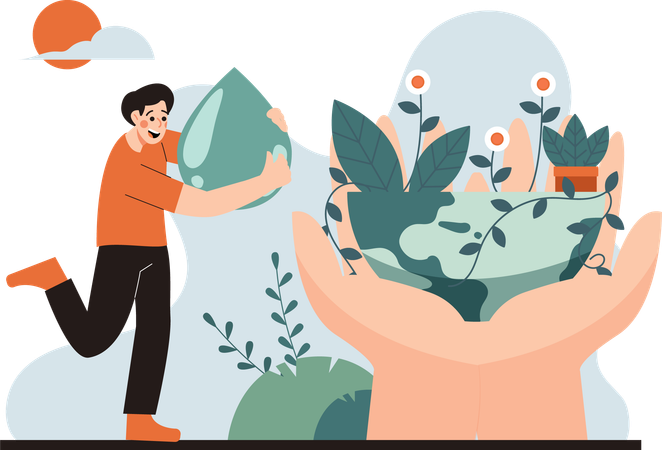 Happy people preserve nature by saving water  Illustration