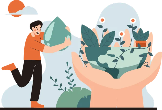 Happy people preserve nature by saving water  Illustration