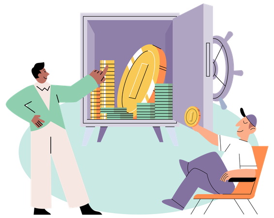 Happy people putting coin into strongbox  Illustration