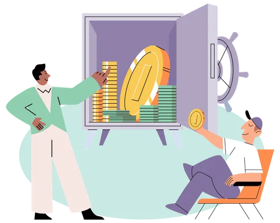 Happy people putting coin into strongbox  Illustration