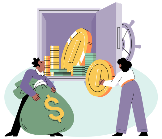 Happy people putting coin into strongbox  Illustration