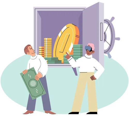 Happy people putting coin into strongbox  Illustration
