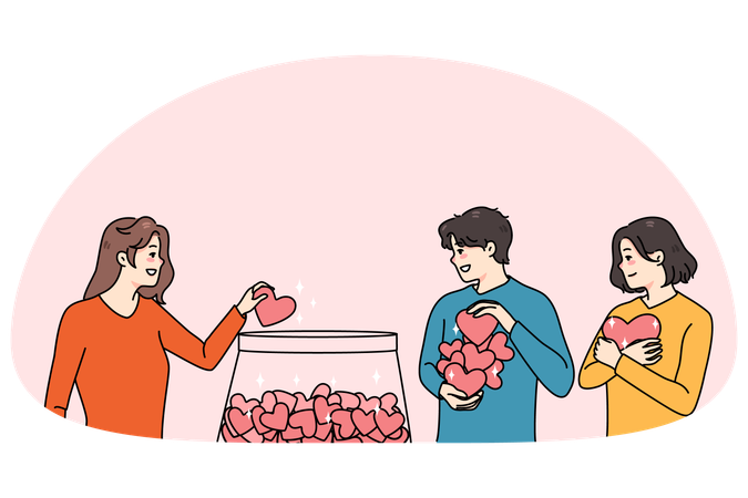 Happy people putting hearts in jar for charity  Illustration