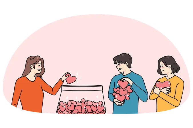 Happy people putting hearts in jar for charity  Illustration