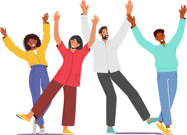 Happy People Raising and Waving Hands  Illustration