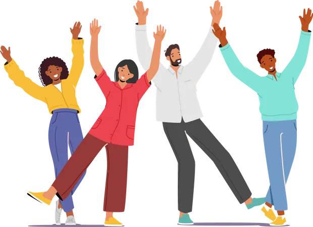 Happy People Raising and Waving Hands  Illustration