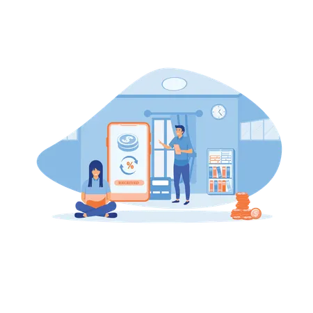 Happy people receiving cash back for buyer  Illustration