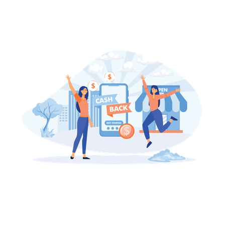 Happy people receiving cash back for shopping  Illustration