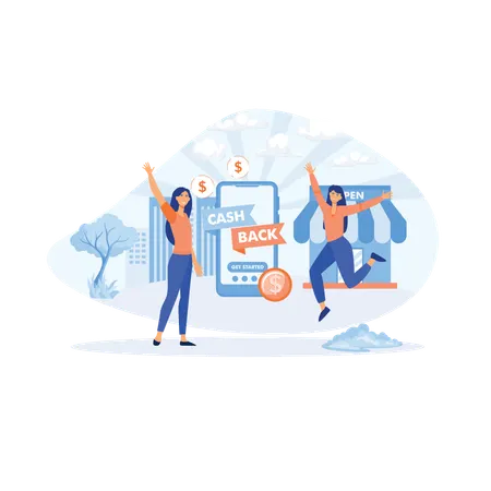 Happy people receiving cash back for shopping  Illustration
