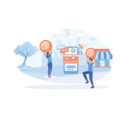 Happy people receiving cash back for shopping  Illustration