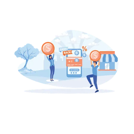 Happy people receiving cash back for shopping  Illustration
