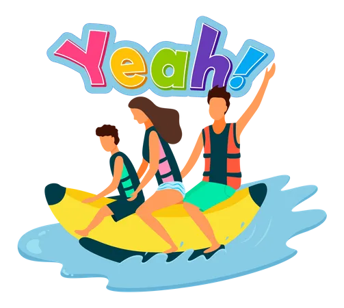 Happy Family Riding Inflatable Banana On Sea Waters Splashes Isolated Mother Father And Son In Aquapark Leisure Activity Extreme Recreation Attractions People On Water Attraction Screaming Yeah Illustration