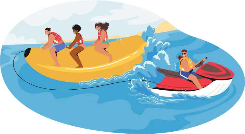 Male And Female Characters Enjoying A Thrilling Activity Of Riding A Banana Shaped Inflatable Raft As It Skims Across The Water With The Aid Of A Jet Ski Cartoon People Vector Illustration Illustration
