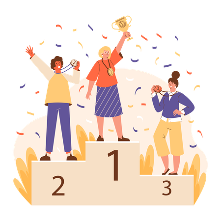 Happy people standing on winners pedestal or podium  Illustration