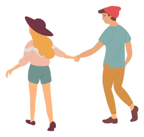 Happy People Walking Holding Hands Back View Isolated Man And Woman Vector Cartoon Lady And Guy In Hats Summertime And Students Spending Time Together Illustration