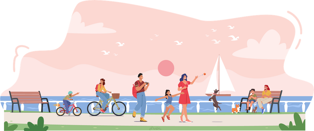 Happy People Walking with Seaview  Illustration