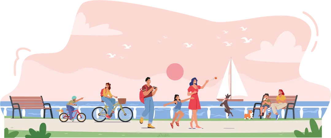 Happy People Walking with Seaview  Illustration