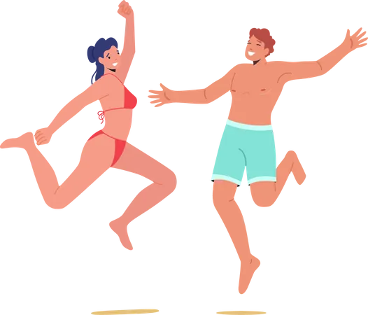Happy People Characters Wearing Swimming Suits Jumping With Hands Up Man And Woman Having Fun On Summer Vacation Male And Female Rejoice Celebrating Beach Party Cartoon Vector Illustration Illustration