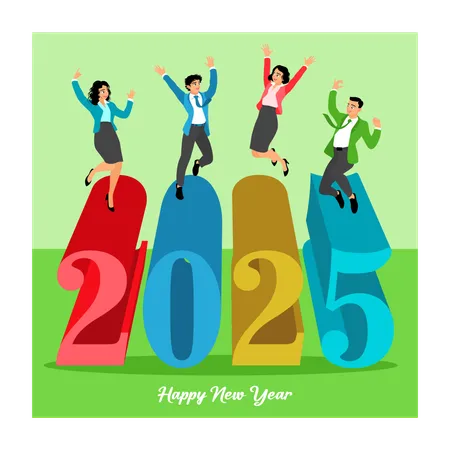 Happy people welcome the new year 2025  Illustration