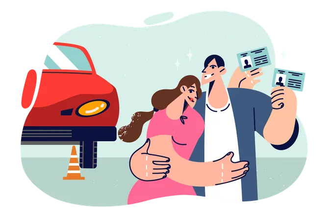 Happy people who graduate from driving school boast of receiving driver license  Illustration