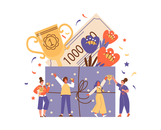 Happy people winning money and golden trophy with medals  Illustration